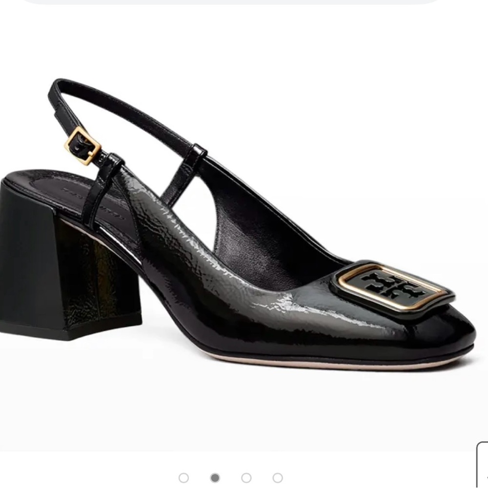 Tory Burch Black Block Heel Slingbacks with Gold Buckle